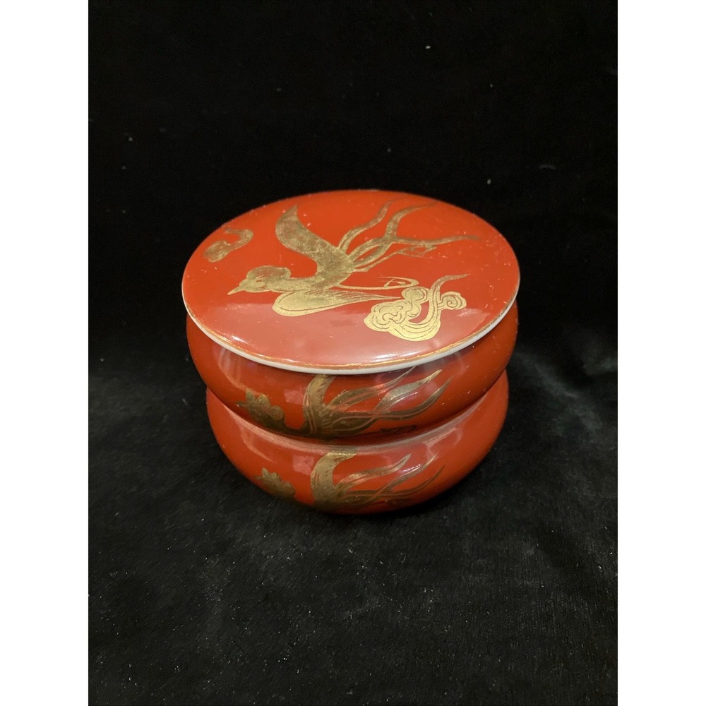 Vintage Tiered Stacking Japanese Jubako Bento Bowls Trinkets Ceramic Gold Crane